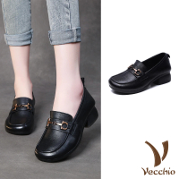 【Vecchio】真皮跟鞋 粗跟跟鞋/真皮頭層牛皮小方頭經典馬銜扣造型粗跟鞋(黑)