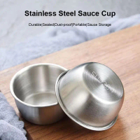 Cangkir Saus Stainless Steel, Mangkuk Selai Bulat Kecil, Wadah Bumbu Portabel