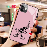 Mickey Luminous Tempered Glass phone case For Apple iphone 12 11 Pro Max XS Kawaii Fall Protection Luxury LED Backlight cover