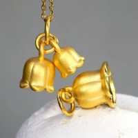 Pure 999 24K Yellow Gold Women 3D Lucky Bell Orchid Pendant