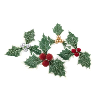 5 Pcs Simulation Christmas Holly Leaves With Small Red Berry Garland Rattan DIY Wreath Accessories Gift Box Xmas Party Decor