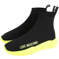 LOVE MOSCHINO 字母標誌彈性面料高筒襪套運動鞋(黑x螢光黃)