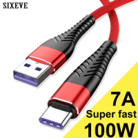 100W 7A Super Fast Charge USB Type C Cable For Huawei P30 Pro OPPO Realme Xiaomi POCO F3 X3 Samsung Data Charger USBC 2M 3M Wire