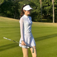 2024 SG Golf Women Ice Silk Sunscreen Long Sleeved White Slim Top Pleat Skirt Set Breathable Lapel Shirt Anti-expose Short Skort