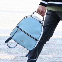 COACH 金屬LOGO防刮牛皮拼接經典印花皮革拉鍊後背包(天空藍/淺米)