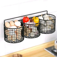 Rak Keranjang Bulat Tempel Dinding Rak Keranjang Bawang Tempat Penyimpanan Bumbu Dapur Besi Buah Wad