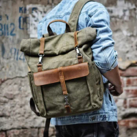 Classic American Style Backpack Retro Simple Canvas Backpack Crazy Horse Leather Outdoor Backpack Trendy Men's Backpack