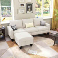 Combination sofa, 3-seater L-shaped sofa with storage footstool, linen fabric sofa, suitable for living room, apartment, office