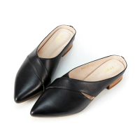 【HERLS】穆勒鞋-全真皮交叉線條尖頭低跟穆勒鞋拖鞋(黑色)