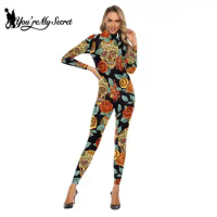[You're My Secret] Vintage 3D Printed Women Bodysuit Cosplay Costume Carnival Party Clothes Skull Rose Tight Zipper Jumpsuit