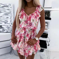 Women's casual Sleeveless Floral Ruffle Short Mini Dress Summer Beach Party Sundress flapper dress vestido de mujer