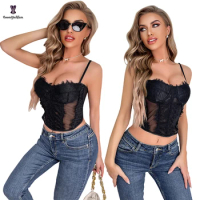 Summer Fashion Removable Strap Translucent Lace Vest Tank Solid Black Bra Bustier Corset Crop Top With T String Size S-XXXL