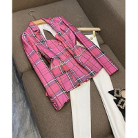 2023Autumn And Winter New Sexy Slim Backless Grid Cloth Elegant Women Square Neck Hollow Plaid Rhinestone Blazer For Office Lady