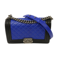【二手名牌BRAND OFF】CHANEL 香奈兒 藍色 黑色 羊皮 菱格紋 Boy Chanel 肩背包 鍊帶 銀扣