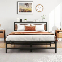 Queen Bed Frame with Wood Storage Headboard, Metal Platform Bed Frame Queen Size No Box Spring Needed, Strong Slats Mattress