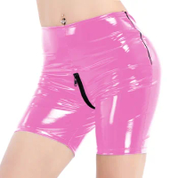 Women Stretch PVC Leather Shorts Glossy Latex Look Mid Waist Disco Short Pants Sexy Crotch Zipper Bodycon Hot Pants Clubwear