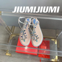 JIUMIJIUMI Handmade Luxury BlingBling Crystal Thongs Woman Sandals Bohemian Beach Shoes Flip-Flops Large Size 43 Sapato Feminino