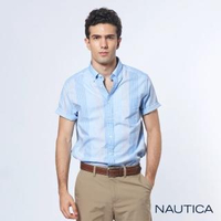 【NAUTICA】清新質感條紋短袖襯衫(藍)