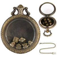 Bronze Transparent Glass Pocket Watch Case Waist Hook Fobs and Chains with 7pcs Metal Polyhedral Table Game Dice