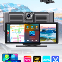 10.26" 4K ADAS Dash Cam Wireless CarPlay &amp; Android Auto Dashboard Car DVR GPS AUX Time Lapse Rearview Mirror Camera