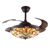 TFCFL 42 Inch Tiffany Style Invisible Ceiling Fan with Lights and Remote Control,Retractable Blades 3 Speeds 3 Light Changes Fan