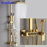 Golden Bathroom Shower Set Inwall Mounted Brass Bathroom Faucet Rainfall Shower Head Square Gold Thermostatic Shower System