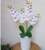 Anggrek latex artificial 4 tangkai pot gentong plastik Putih Ungu