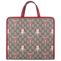GUCCI 雙G心防水布貴賓狗蘑菇彩繪紅色皮邊手提包