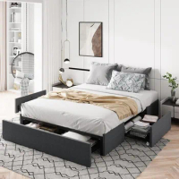 Bedroom furniture: full-size platform bed frame with 3 storage drawers, fabric upholstery, wooden slatted support, dark grey