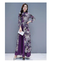 Vietnam Ao Dai Dress for Women Chinese Tradition Cheongsam Qipao Plus Size Purple Floral Print Slim Style Elegant Wedding Dress