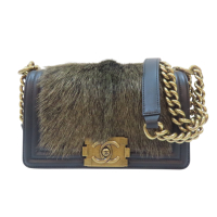 【二手名牌BRAND OFF】CHANEL 香奈兒 黑色 牛皮 山羊毛 Boy 20 肩背包 金扣 鍊帶