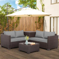 Patio Furniture Set 4 Pieces Outdoor Brown Rattan Sectional Conversation Sofa Chair, Storage Box, Coffee Table