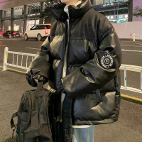 Couple PU Leather Winter Men's Jacket Thickened Stand Collar Wash-Free Down Jacket Youth Trendy Men'