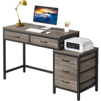 Computer Desk with 5 Drawers, Home Office Desks with Reversible Drawer Cabinet Printer Stand, Industrial PC Desk with Storage