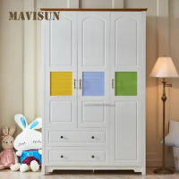 Simple Modern Nordic Three-Door Wardrobe Closet Home Bedroom Open Door White Children's Solid Wood Wardrobe Clothes Furniture