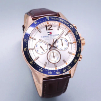 【Tommy Hilfiger】Tommy 美國時尚三眼流行風格優質皮革腕錶-金+咖啡-1791118
