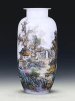 景德鎮陶瓷器花瓶粉彩山水大口直筒瓷瓶新中式博古架電視柜裝飾品