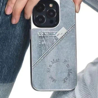 Silver Border MagSafe Mirror Surface Denim Pattern Phone Case Cover for IPhone 12 13 14 15 Pro Max Case for IPhone 14 Pro Max