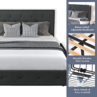 Upholstered King Size Platform Bed Frame with 4 Storage Drawers and Headboard, Diamond Stitched Button Tufted, Mattress