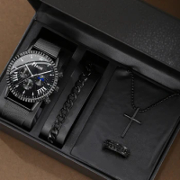 The latest men's fashion mechanical leather belt quartz watch + Cross three-piece set