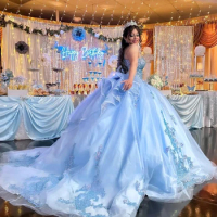 Lorencia Blue Ball Gown Quinceanera Dress 2024 Lace Applique Beading Corset Mexican Sweet 16 Dress Vestidos De 15 Años YQD640
