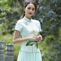 夏季復古旗袍上衣女改良唐裝女裝中式大碼禪意茶服民國風漢表演服1入