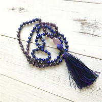 108 Mala Beads Necklace Purple Quartz &amp; Lapis Lazuli Mala Necklace Meditation Necklaces Taeesl Yoga Jewelry
