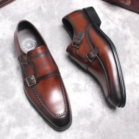Men's Genuine Leather Shoes Loafer Double Monk Strap Shoes Black Burgundy Elegant Tassel Oxford Shoes Simple Wedding Oxford Shoe