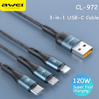 Awei CL-972 120W 3-in-1 USB-C Cable Super Fast Charging Cables Micro Type C Charge Lightning Fast Charging For HUAWE iPhone