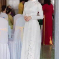 Vietnam Ao dai Cheongsam Wedding Dress Women White Stage Include Pants