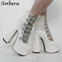 Sorbern White Shiny Gladiator Style Pump Shoes Block Heel Thick Platform Shoe Glitter Straps Buckles Fur Customized Size 33-48