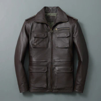 Men's Top Layer Cowhide Flight Jacket High Quality Leisure Genuine Leather Coat Brown Multi Pocket Epaulettes Classic Jacket