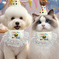 Pet Birthday Set: Cat and Dog Tassel Bib, Polka Dot Ball Hat, Party Decoration for Birthday Party