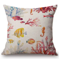 Summer Watercolor Marine Ocean Sea Horse Salmon Starfish Coral Shell Crab Home Decorative Throw Pillow Cover Sofa Cushion Covers